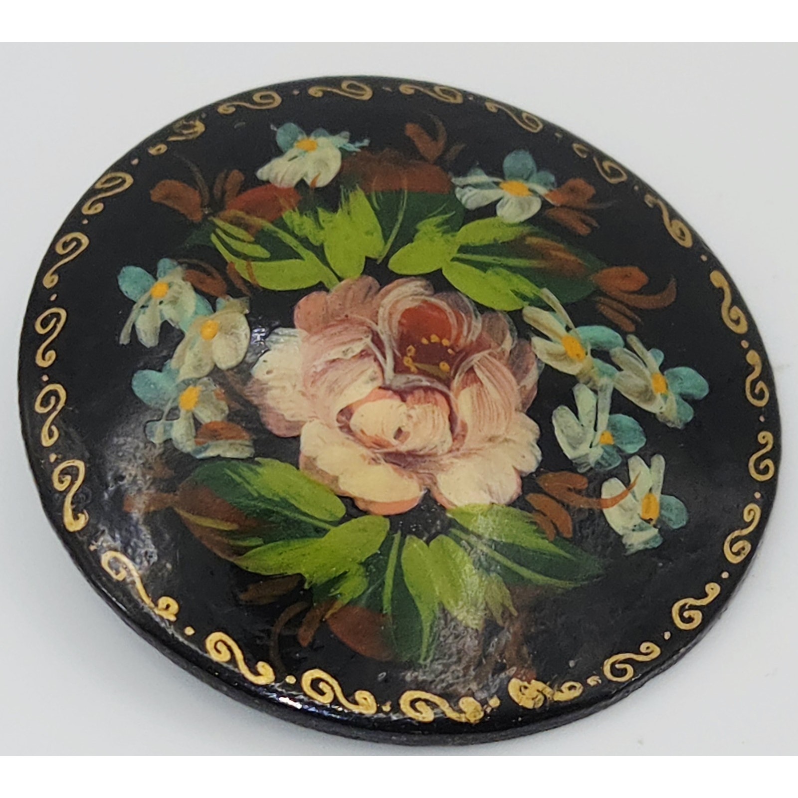 Vintage Russian Wood Laqcuer Wood Hand Painted Flower Brooch Pin